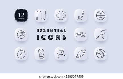 Sports activities set icon. Jump rope, baseball, hockey stick, volleyball, billiard ball, swimming, stopwatch, boxing glove, tactics, rugby ball, basketball