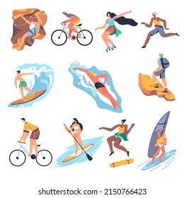 Sports and activities in summer, isolated people resting by seaside. Surfing and swimming, mountaineering or standing on sup board. Skating and riding bicycle or sailing. Vector in flat style