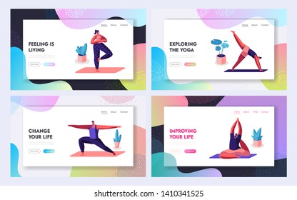 Sports Activity, Exercise, Characters Doing Yoga Practice in Different Poses. Fitness, Stretching, Healthy Lifestyle, Leisure. Website Landing Page, Web Page. Cartoon Flat Vector Illustration, Banner