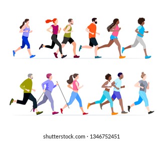  Sports activity  healthy lifestyle Jogging men women training outdoor  Runners prepare for sport competition marathon health running in morning  Vector illustration  
