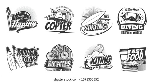 Sports Activity And Hobby Leisure Entertainment Icons. Vector Scuba Diving School And Equipment Shop, Vaping E-cigarette And Ocean Surfing, Sea Kiting And Street Fast Food Cafe Sign