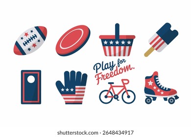 Sports and activity icon set. Football, baseball, play button, batting glove, drink, bicycle, skateboard, helmet, USA color theme. Play for freedom vector sport game design set