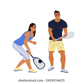 Sports activity people concept. Man and woman play in badminton. Competition and tournament. Graphic element for website. Cartoon flat vector illustration isolated on white background