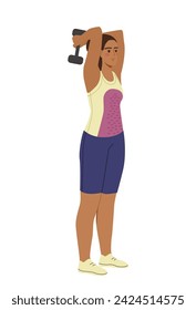 Sports activity person concept. Woman with dumbbells. Active lifestyle and leisure. Fitness and workout, bodybuilding. Cartoon flat vector illustration isolated on white background