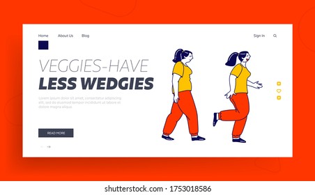 Landing Page Template für Sportaktivitäten, Laufen und Joggen. Fatty Female Charakter in Sportswear Start Weight Loss, gesundes Lifestyle. Weibliche Schattenphasen. Vektorgrafik von Linear People
