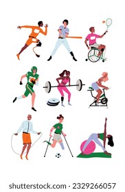 Sports activity set. People with disabilities play football and soccer, run, play tennis, jump rope and do yoga. Characters engaged in gym and fitness. Cartoon flat vector isolated on white background