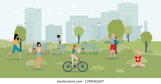 Sports activity of women outdoor. Girls doing workout in the city park with skyscrapers in the background. Vector flat cartoon banner.