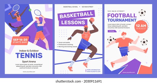 Sports advertising posters. Tennis club, basketball lessons, football tournament. Recruitment of students for classes. Active vector characters. Design concept with flat illustrations.