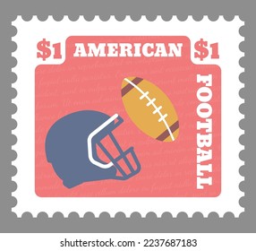 Sports American football equipment on postmark or postcard. Helmet and ball, national activities and sportive leisure entertainment. Postal mark or card with price. Vector in flat style illustration