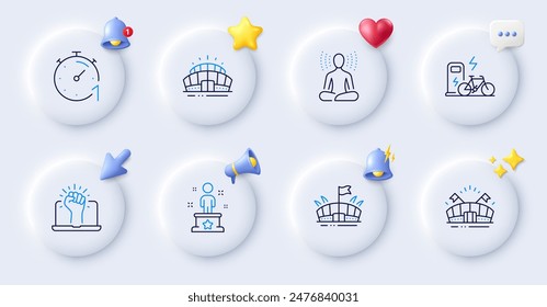 Sports arena, Electric bike and Timer line icons. Buttons with 3d bell, chat speech, cursor. Pack of Yoga, Success, Arena stadium icon. Empower pictogram. For web app, printing. Vector