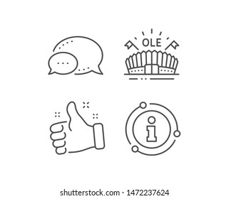 Sports arena line icon. Chat bubble, info sign elements. Stadium with flags sign. Sport complex symbol. Linear sports arena outline icon. Information bubble. Vector