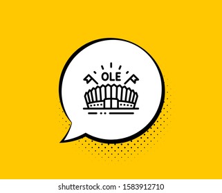 Sports arena line icon. Comic speech bubble. Stadium with flags sign. Sport complex symbol. Yellow background with chat bubble. Sports arena icon. Colorful banner. Vector