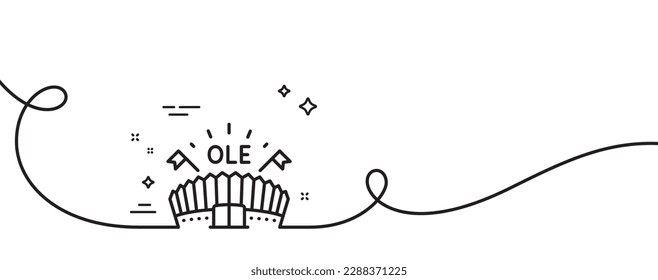 Sports arena line icon. Continuous one line with curl. Stadium with flags sign. Sport complex symbol. Sports arena single outline ribbon. Loop curve pattern. Vector