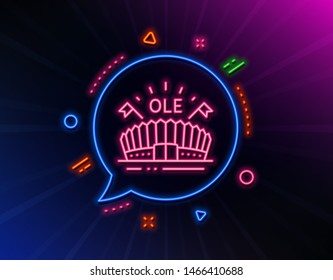 Sports arena line icon. Neon laser lights. Stadium with flags sign. Sport complex symbol. Glow laser speech bubble. Neon lights chat bubble. Banner badge with sports arena icon. Vector