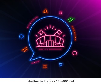 Sports arena line icon. Neon laser lights. Stadium with flags sign. Sport complex symbol. Glow laser speech bubble. Neon lights chat bubble. Banner badge with sports arena icon. Vector