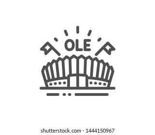 Sports arena line icon. Stadium with flags sign. Sport complex symbol. Quality design element. Linear style sports arena icon. Editable stroke. Vector