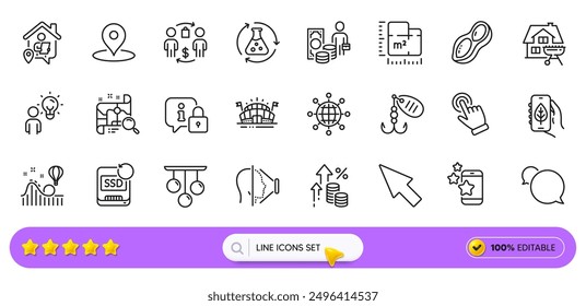 Sports arena, Mouse cursor and Pin line icons for web app. Pack of Ecology app, Cursor, Fishing lure pictogram icons. Peanut, International globe, Face id signs. Lock, Floor plan, Work home. Vector