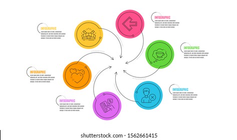 Sports arena, Remove account and Left arrow line icons set. Infographic timeline. Heart, Coffee cup and Credit card signs. Event stadium, Delete user, Direction arrow. Love. Business set. Vector