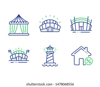 Sports arena, Arena stadium and Lighthouse line icons set. Sports stadium, Circus tent and Loan house signs. Sport complex, Searchlight tower, Attraction park. Discount percent. Vector