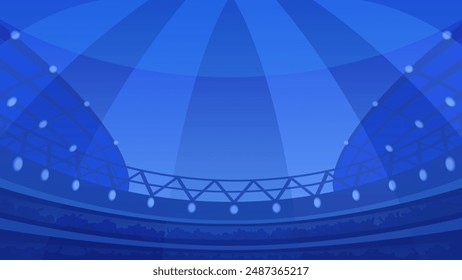 Arena deportiva bajo el cielo nocturno. Estadio de varios niveles lleno de aficionados, eventos deportivos o el día del partido. Arquitectura deportiva, estructura de techo de metal con focos. Fondo azul oscuro, Plantilla de Vector.