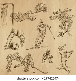 Sports around the World (vector pack no.9). Collection of an hand drawn illustrations (originals). Each drawing comprises of two layers of outlines, the colored background is isolated. 