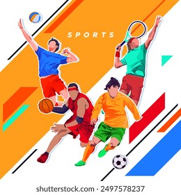 Sports athlete illustration for national sports day celebration banner template. football, tennis, basketball and volleyball players. world sports celebration. sport vector