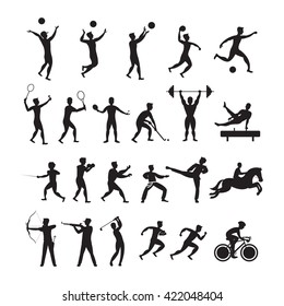 Sports Athletes, Men Symbol Silhouette Set, Games, Action, Exercise