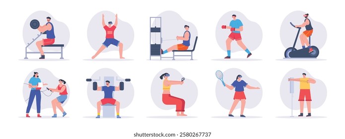 Sports athletes, professional exercise to maintain the body. Character design. Vector flat packs illustration