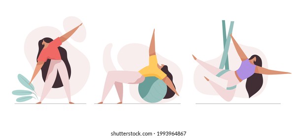 Sports Athletes vector illustration. Woman workout fitness, aerobic and exercises. Healthy lifestyle. Full body workout. Exercises with gym ball. Yoga fly.