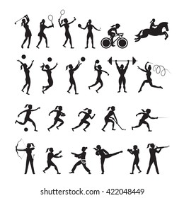 Sports Athletes, Women Symbol Silhouette Set, Games, Action, Exercise