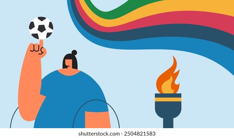 Sports athletic Paralympian Girl in a wheelchair with ball and torch for fire. Sport Games 2024. Flat vector illustration.