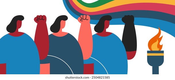 Sports athletic Paralympian Girls different nationalities in a wheelchair with a torch for fire. Sport Games 2024. Flat vector illustration.