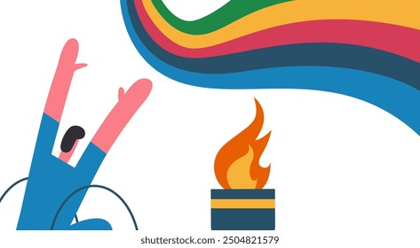 Sports athletic Paralympian in a wheelchair with a torch for fire. Sport Games 2024. Flat vector illustration.