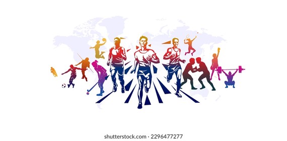 Sports, Athletics players backgraund. World Athletics Day concept. Sports day celebration. Collection of various sports players and activities. vector illustration