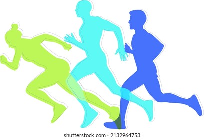 Sports athletics, running. Healthy lifestyle. Silhouettes of running people in the color blue, light blue, green. For the design of banners, posters, sports topics.