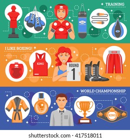 Sports attributes flat horizontal banners set with boxing training and clothes advertising and world championship awards and prizes collection vector illustration
