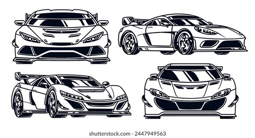 Sports automobiles set emblems monochrome with fast vehicles ready to participate in extreme competitions on city streets vector illustration