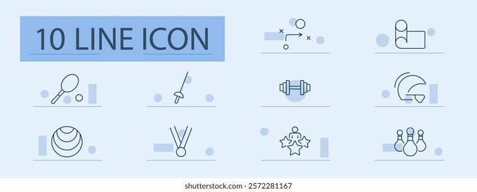 Sports and awards set icon. Tennis, fencing, weights, medals, champion, performance, strategy, skill, training, victory
