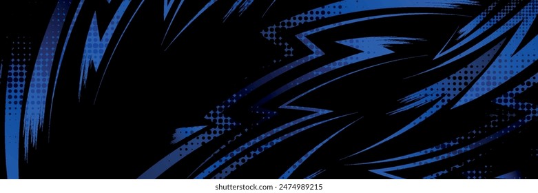 sports background, banner design in blue and black with pointed shapes and empty space. brush stroke pattern