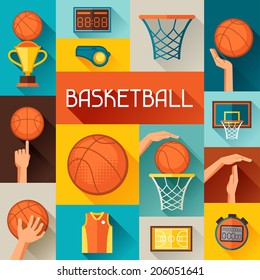 Sports background with basketball icons in flat style.