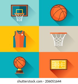 Sports background with basketball icons in flat style.