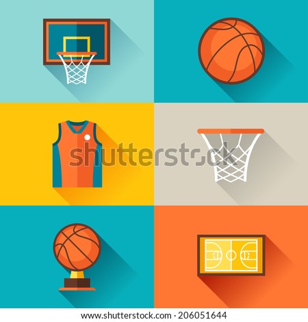 Sports background with basketball icons in flat style.