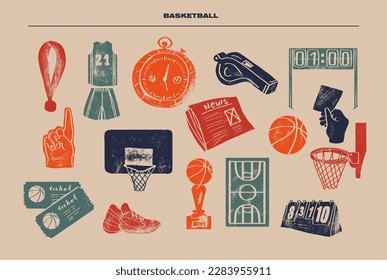 Sports background with basketball ink, engraving style