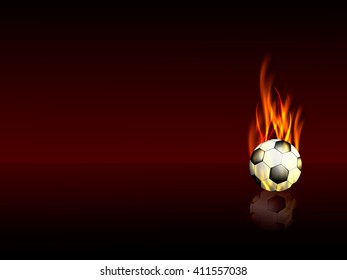 Sports background with a burning football ball with reflection, vector illustration