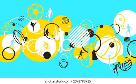 Sports background design with abstract modern template. Vector illustration of sport players in different activities. football, basketball, baseball, tennis, rugby, bicycling