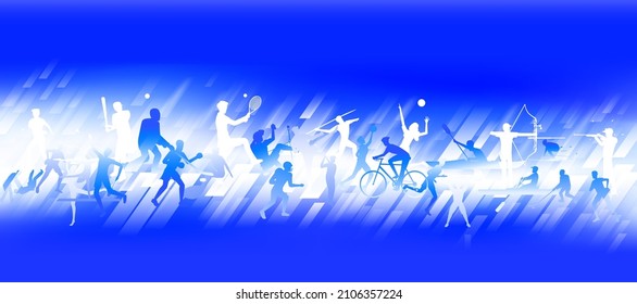 Sports background design with abstract modern template. Vector illustration of sport players in different activities. football, basketball, baseball, tennis, rugby, bicycling