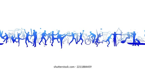 Sports background design with abstract modern template. Vector illustration of sport players in different activities. football, basketball, baseball, tennis, rugby, bicycling