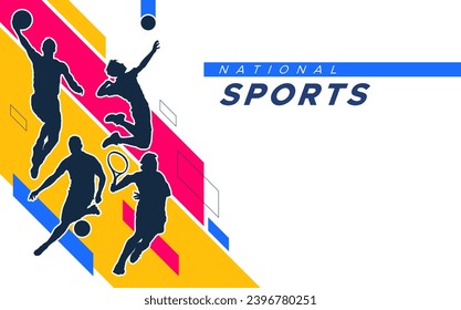 Sports background design with abstract ornaments along with football, tennis, basketball and volleyball athletes. Design with the concept of celebrating National Sports Day