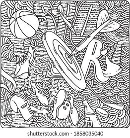 Sports background in doodle style. Black and white illustration.Darts, dart, target, basketball, chess. Vector EPS 10
