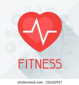 Sports background with fitness icons in flat style.